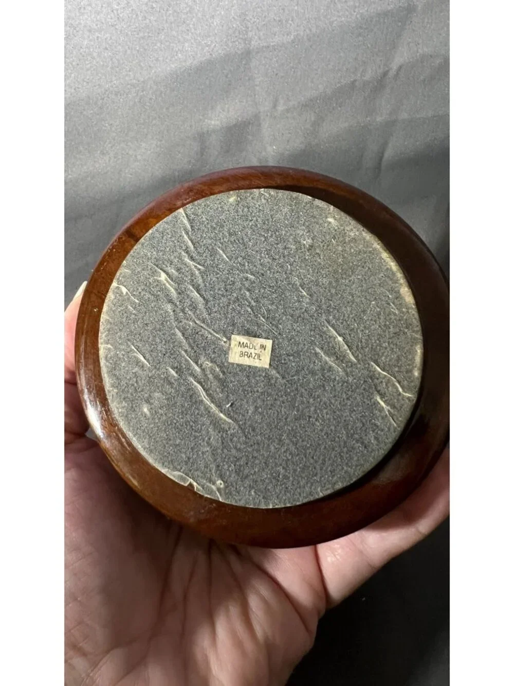 Wooden Round Trinket Box With Agate Inlay Lid Made In Brazil